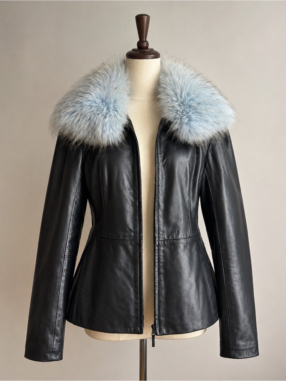 Vintage Black Leather Jacket with Real Blue Fur Collar